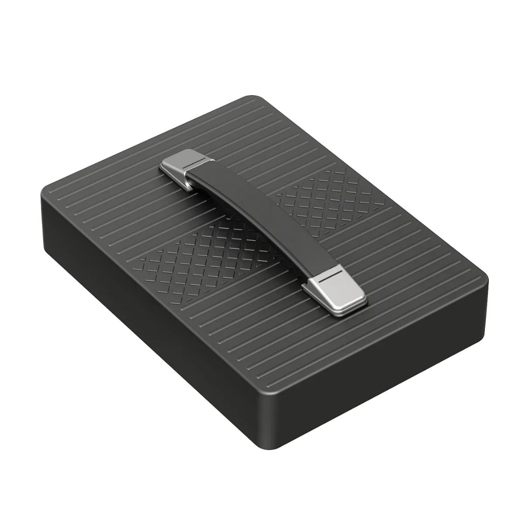 The Paiseec Mobility Scooter D3 Battery is a rectangular black box with a textured diagonal lid, designed as a D3 replacement battery, featuring a sturdy black handle with metallic silver ends on top.